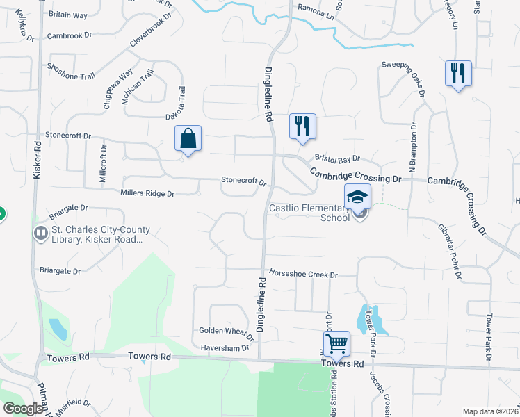 map of restaurants, bars, coffee shops, grocery stores, and more near 1110 Manor Cove Drive in Saint Charles