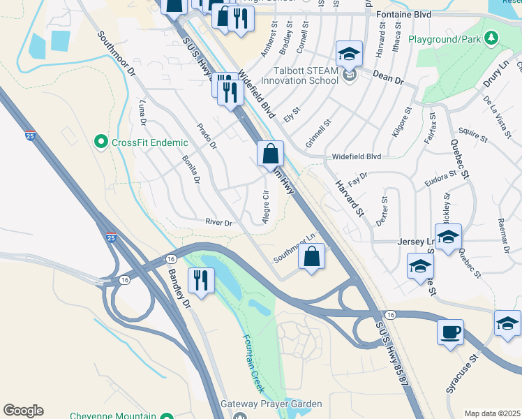 map of restaurants, bars, coffee shops, grocery stores, and more near 7120 Alegre Circle in Fountain