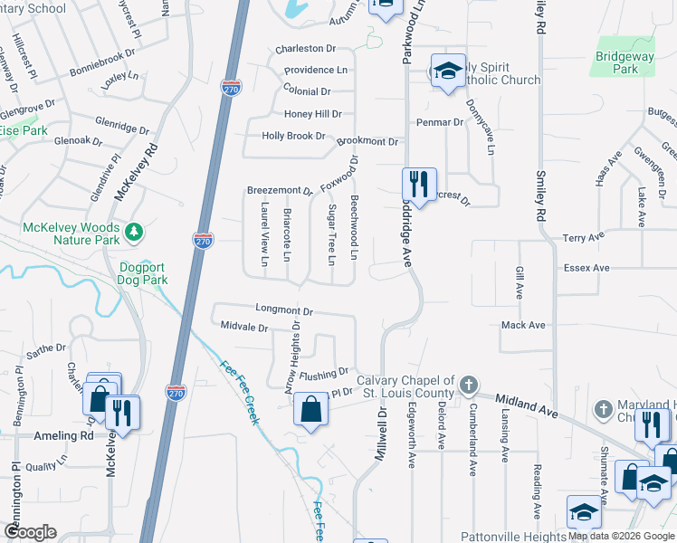 map of restaurants, bars, coffee shops, grocery stores, and more near 2825 Sugar Tree Lane in Maryland Heights