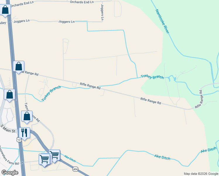 map of restaurants, bars, coffee shops, grocery stores, and more near 10039 Rifle Range Road in Bridgeville