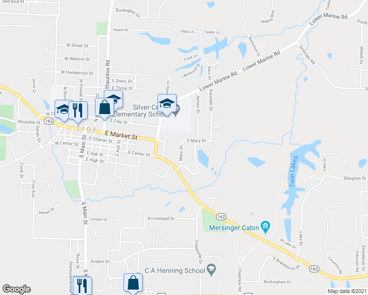 map of restaurants, bars, coffee shops, grocery stores, and more near 102 Mary Drive in Troy