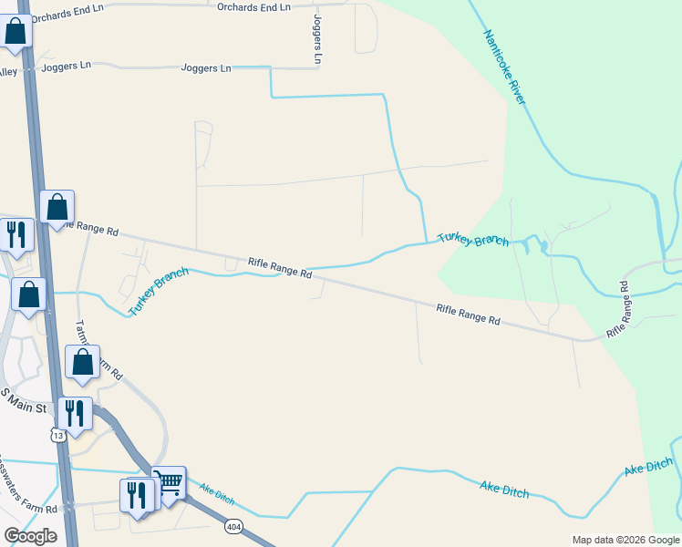 map of restaurants, bars, coffee shops, grocery stores, and more near 10039 Rifle Range Road in Bridgeville
