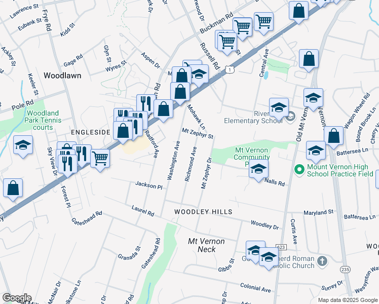 map of restaurants, bars, coffee shops, grocery stores, and more near 8428 Richmond Avenue in Alexandria
