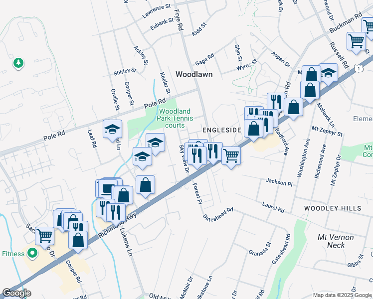 map of restaurants, bars, coffee shops, grocery stores, and more near 4737 Earl Flanagan Way in Mount Vernon