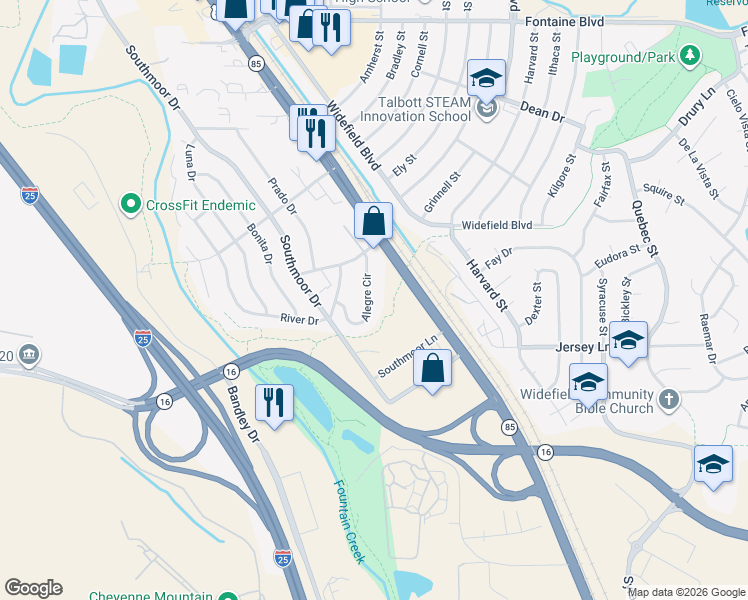 map of restaurants, bars, coffee shops, grocery stores, and more near 7145 Alegre Circle in Fountain
