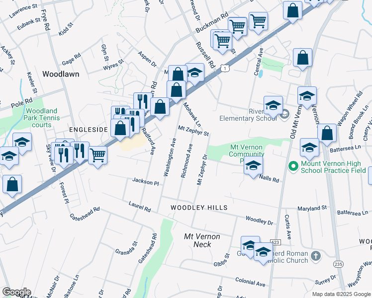 map of restaurants, bars, coffee shops, grocery stores, and more near 8428 Richmond Avenue in Alexandria