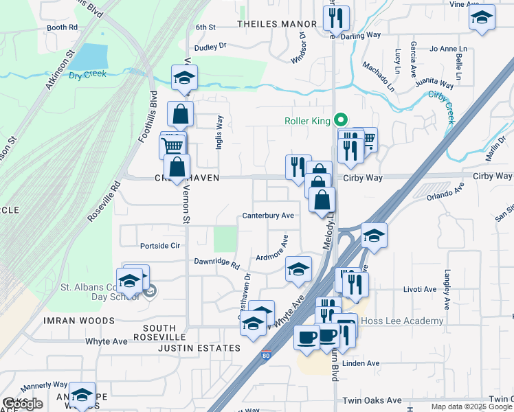 map of restaurants, bars, coffee shops, grocery stores, and more near 1000 Cirby Oaks Way in Roseville