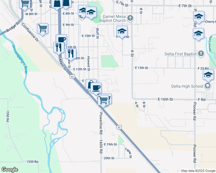 map of restaurants, bars, coffee shops, grocery stores, and more near Villa Street in Delta