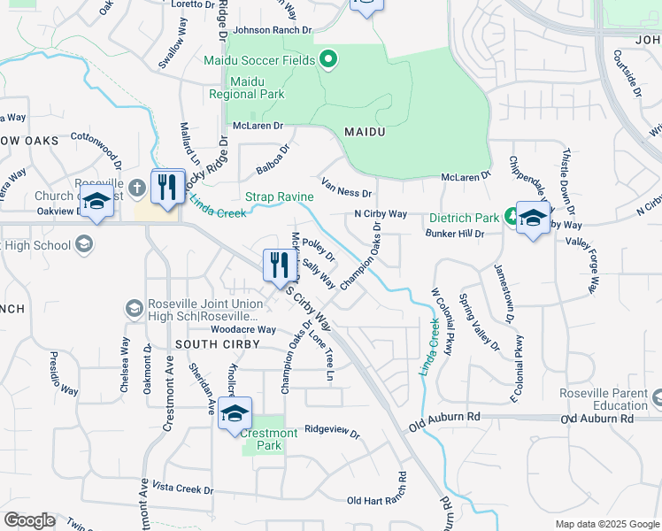 map of restaurants, bars, coffee shops, grocery stores, and more near 2019 Polley Drive in Roseville