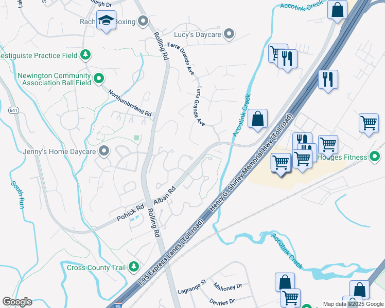 map of restaurants, bars, coffee shops, grocery stores, and more near 7658 Northern Oaks Court in Springfield