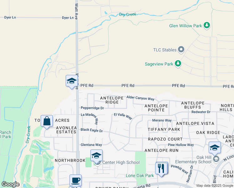 map of restaurants, bars, coffee shops, grocery stores, and more near 3345 Alder Canyon Way in Antelope