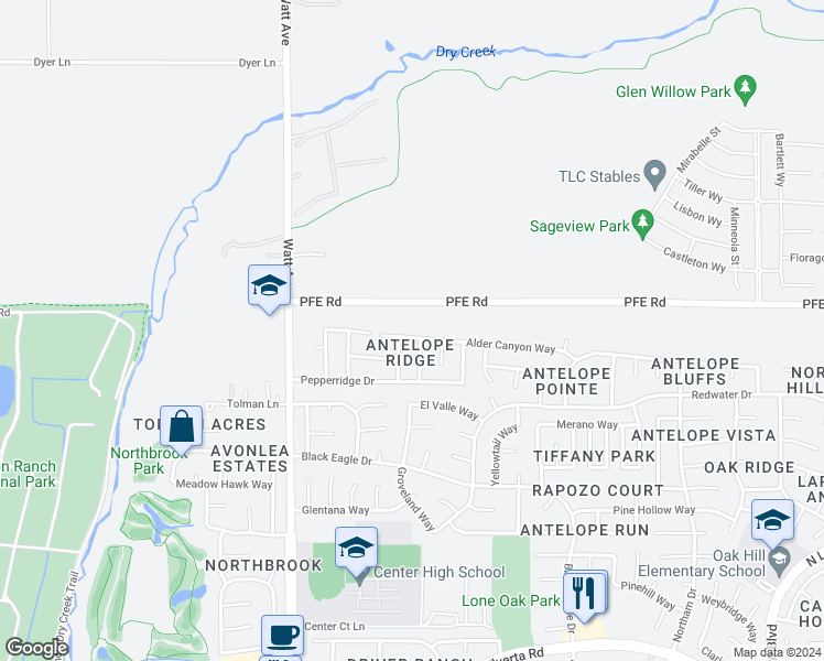 map of restaurants, bars, coffee shops, grocery stores, and more near 3345 Alder Canyon Way in Antelope
