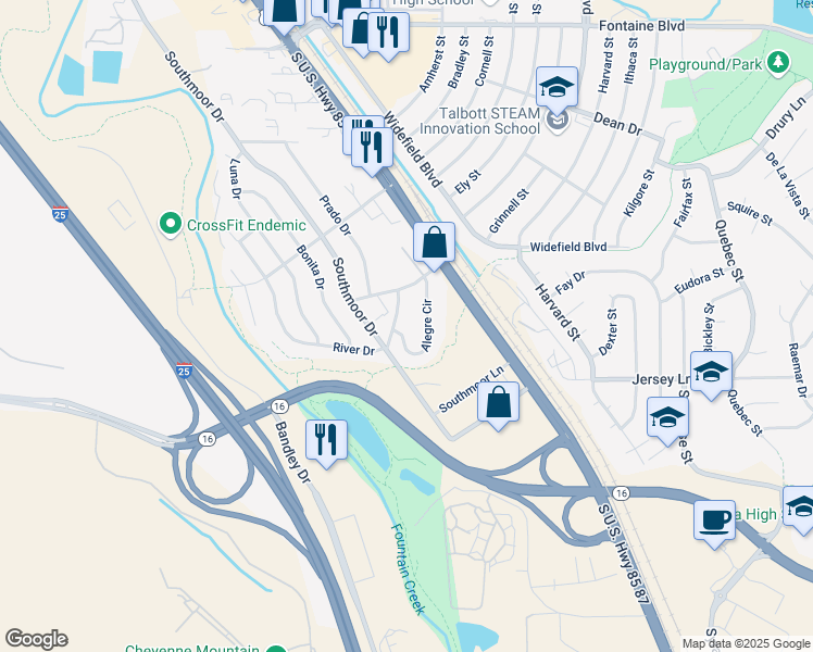 map of restaurants, bars, coffee shops, grocery stores, and more near 7120 Alegre Circle in Fountain