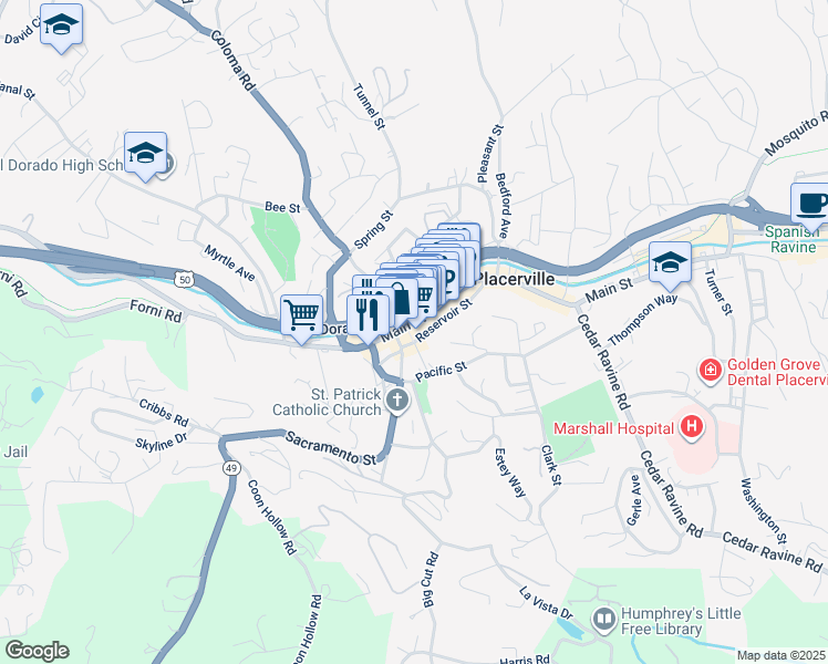 map of restaurants, bars, coffee shops, grocery stores, and more near 301 Main Street in Placerville