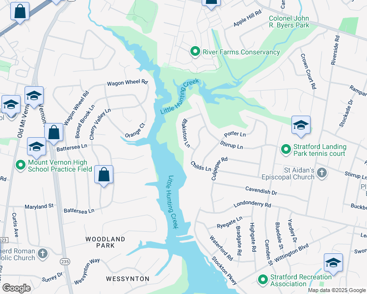 map of restaurants, bars, coffee shops, grocery stores, and more near 8426 Blakiston Lane in Alexandria