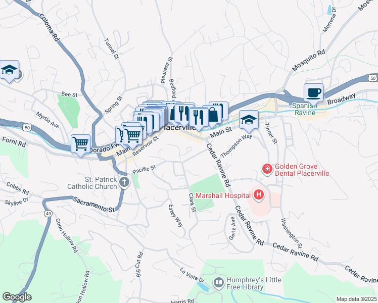 map of restaurants, bars, coffee shops, grocery stores, and more near 996 Crescent Street in Placerville