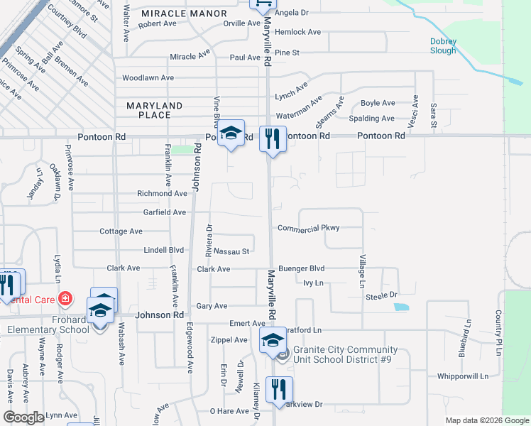 map of restaurants, bars, coffee shops, grocery stores, and more near 3908 Maryville Road in Granite City