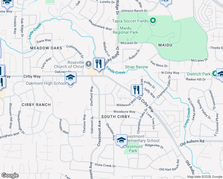 map of restaurants, bars, coffee shops, grocery stores, and more near 1813 Piedmont Way in Roseville