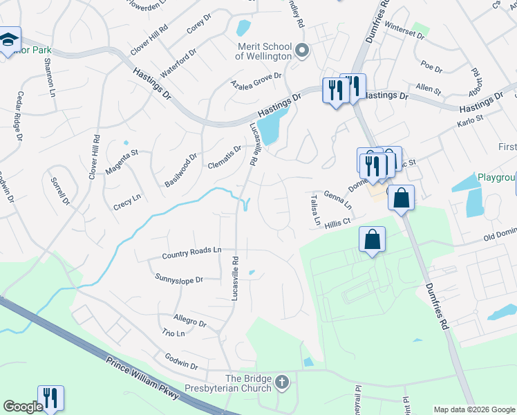 map of restaurants, bars, coffee shops, grocery stores, and more near Labrador Loop in Manassas