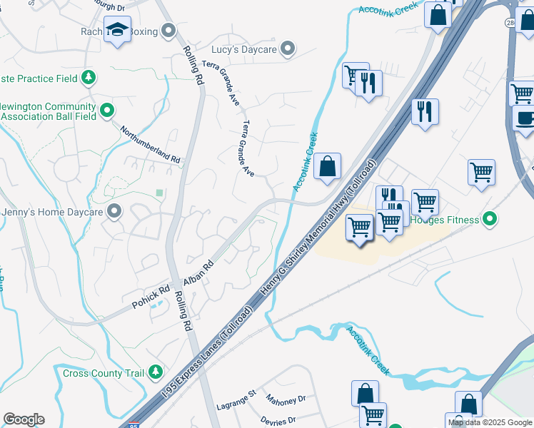 map of restaurants, bars, coffee shops, grocery stores, and more near 8561 Mazzello Place in Springfield