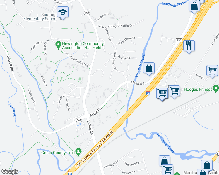 map of restaurants, bars, coffee shops, grocery stores, and more near 7666 Northern Oaks Court in Springfield