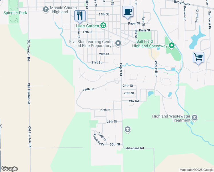 map of restaurants, bars, coffee shops, grocery stores, and more near 28 Faith Drive in Highland