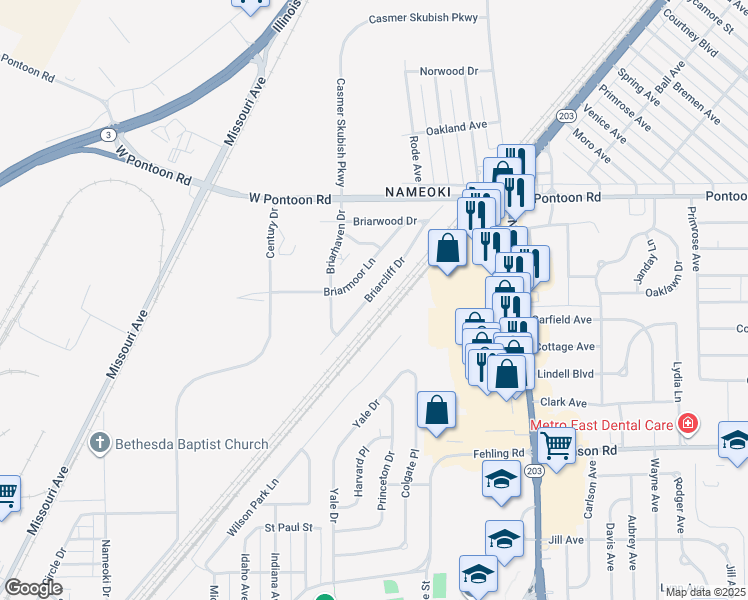 map of restaurants, bars, coffee shops, grocery stores, and more near 30 Briarcliff Drive in Granite City