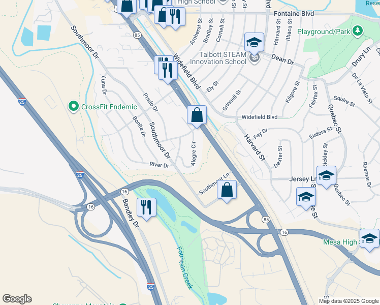 map of restaurants, bars, coffee shops, grocery stores, and more near 7120 Alegre Circle in Fountain