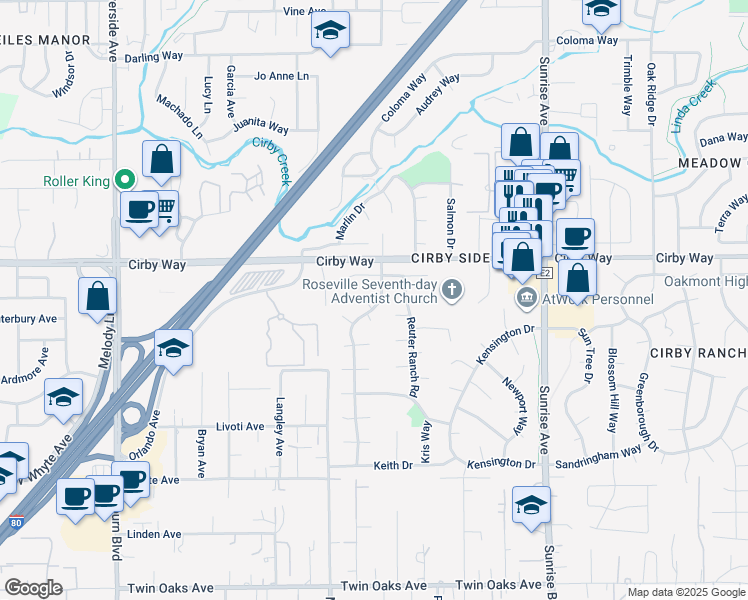 map of restaurants, bars, coffee shops, grocery stores, and more near 1205 San Simeon Drive in Roseville