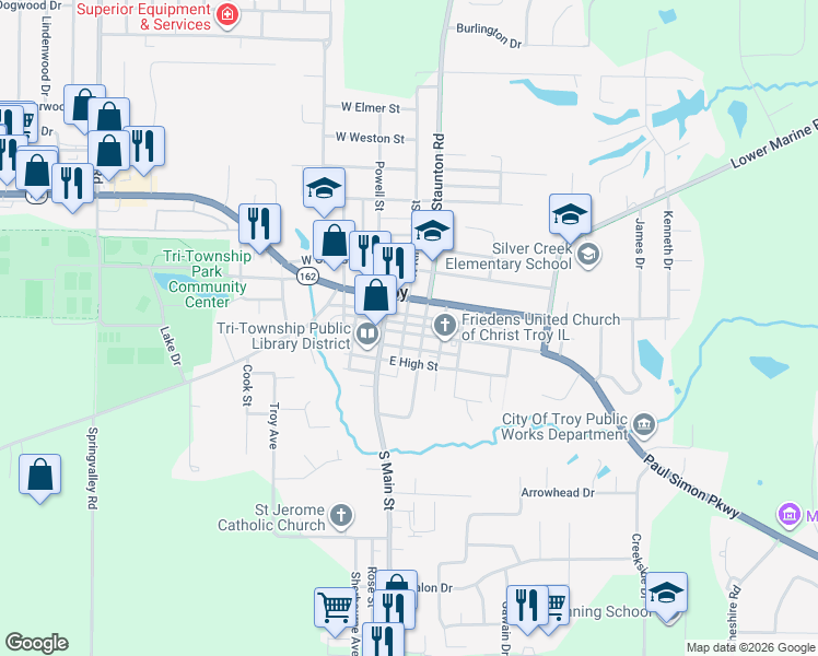 map of restaurants, bars, coffee shops, grocery stores, and more near in Troy