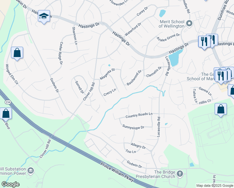 map of restaurants, bars, coffee shops, grocery stores, and more near 10408 Navarone Place in Manassas