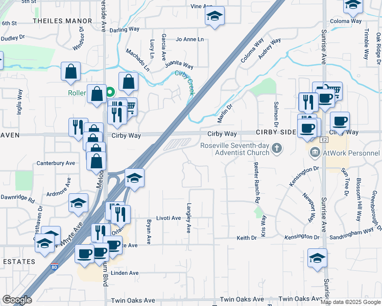 map of restaurants, bars, coffee shops, grocery stores, and more near 1 Somer Ridge Drive in Roseville