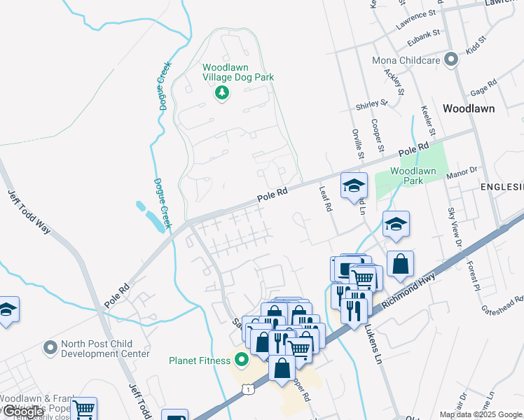 map of restaurants, bars, coffee shops, grocery stores, and more near 8413 Alameda Court in Alexandria
