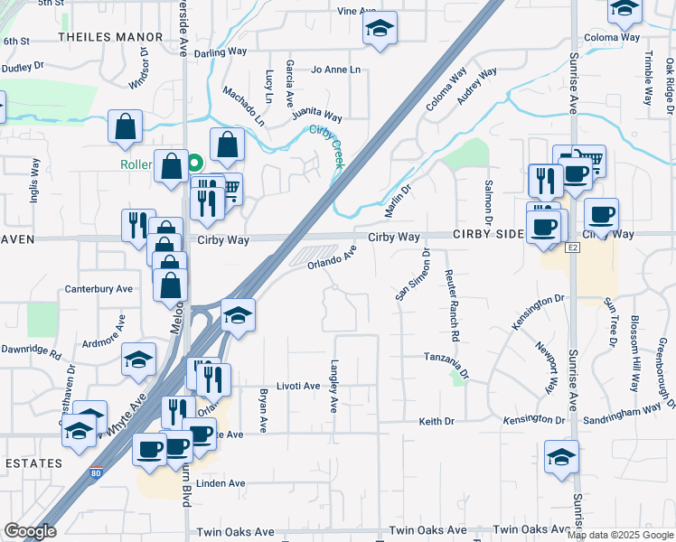 map of restaurants, bars, coffee shops, grocery stores, and more near 1 Somer Ridge Drive in Roseville