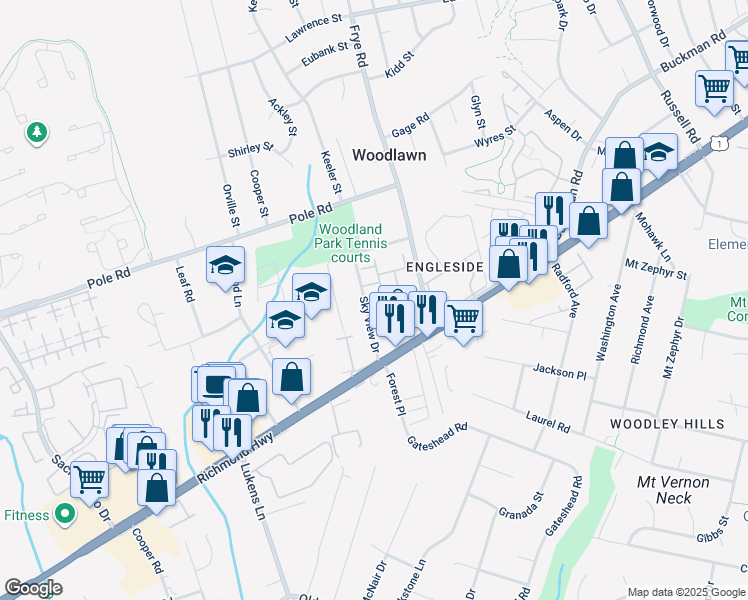 map of restaurants, bars, coffee shops, grocery stores, and more near 4737 Earl Flanagan Way in Mount Vernon
