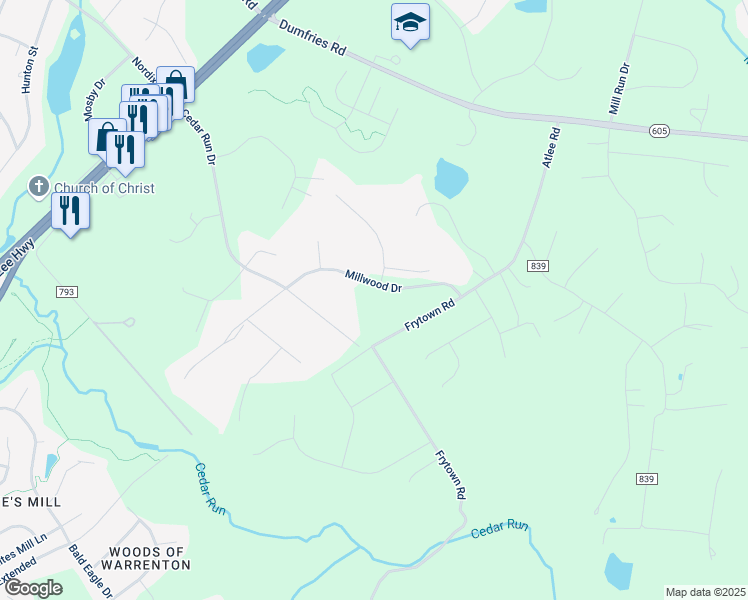 map of restaurants, bars, coffee shops, grocery stores, and more near 6171 Millwood Drive in Warrenton