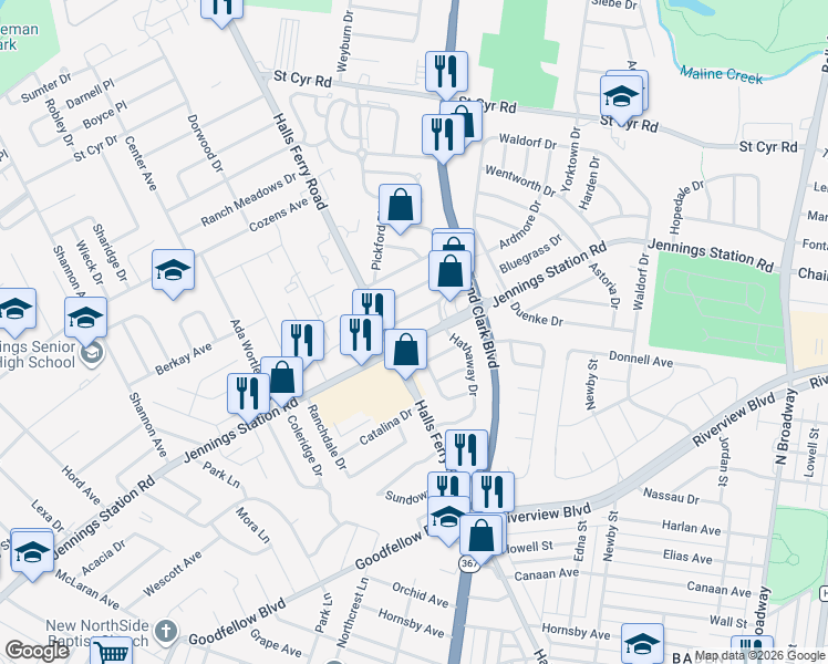 map of restaurants, bars, coffee shops, grocery stores, and more near 9412 Bluegrass Drive in Jennings