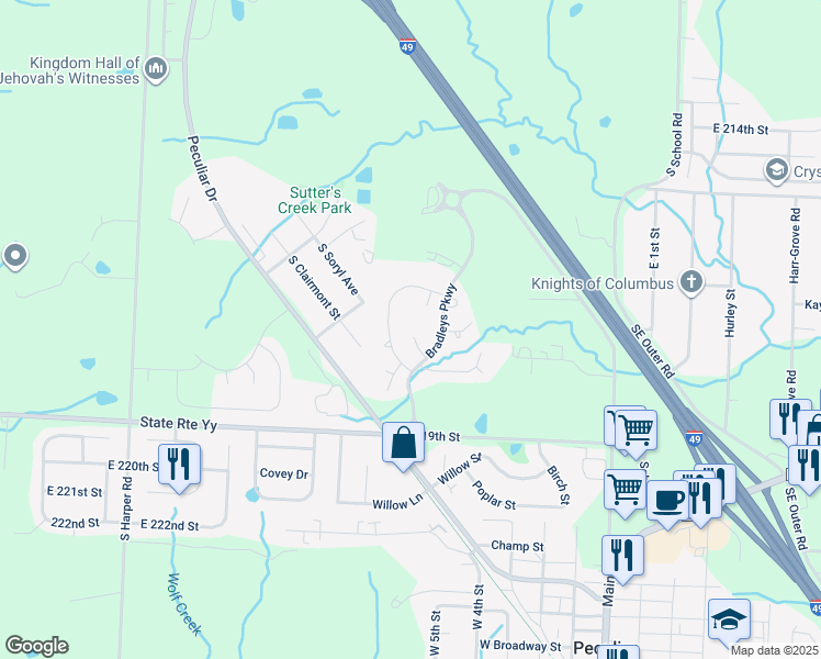 map of restaurants, bars, coffee shops, grocery stores, and more near 21708 North Ridge in Peculiar
