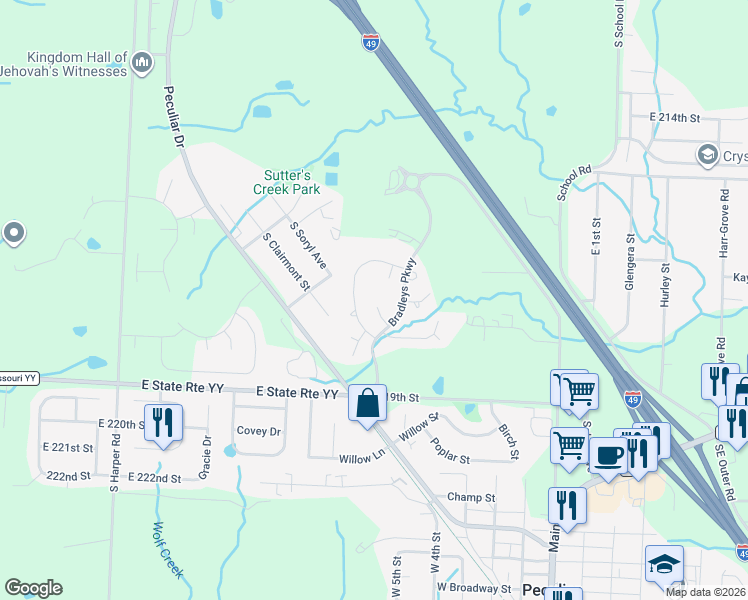 map of restaurants, bars, coffee shops, grocery stores, and more near 21708 North Ridge in Peculiar