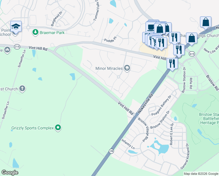map of restaurants, bars, coffee shops, grocery stores, and more near 12187 Aster Road in Bristow