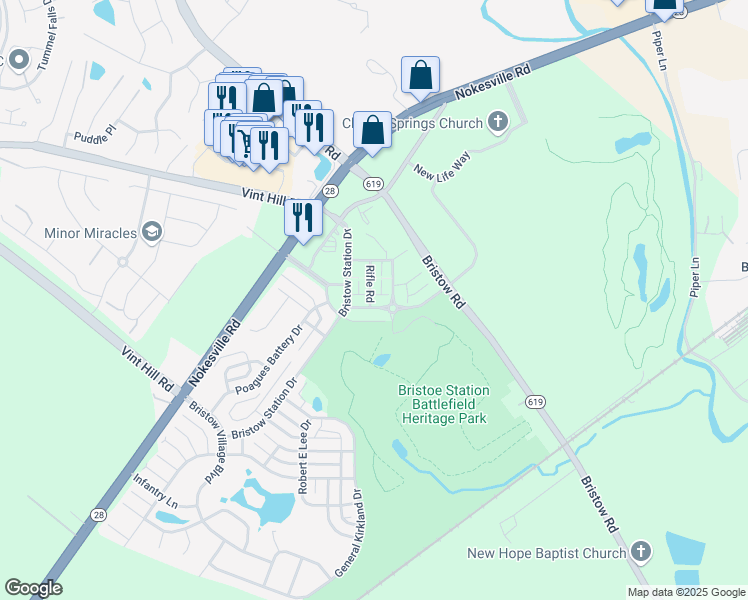 map of restaurants, bars, coffee shops, grocery stores, and more near 11650 Iron Brigade Unit Avenue in Bristow
