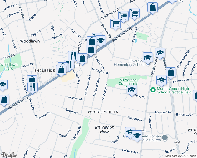 map of restaurants, bars, coffee shops, grocery stores, and more near Richmond Avenue in Alexandria