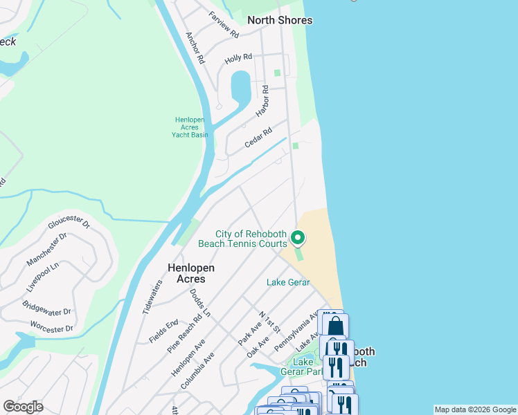 map of restaurants, bars, coffee shops, grocery stores, and more near 8 Rolling Road in Rehoboth Beach