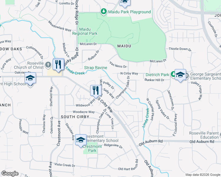 map of restaurants, bars, coffee shops, grocery stores, and more near 2006 Polley Drive in Roseville