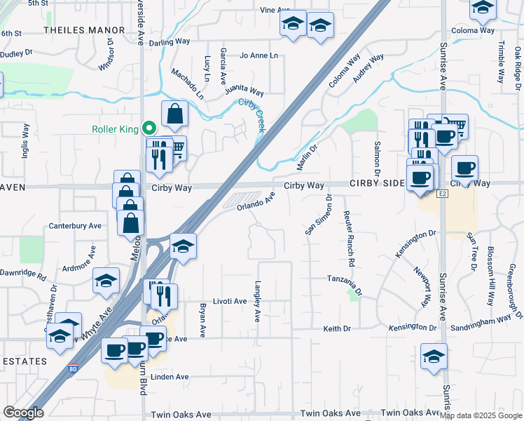 map of restaurants, bars, coffee shops, grocery stores, and more near 850 Cirby Way in Roseville
