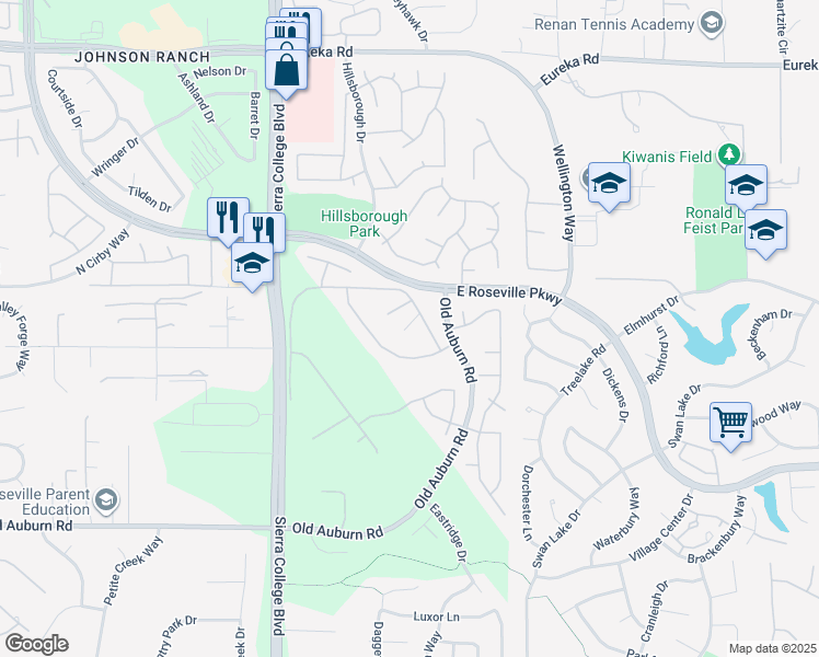 map of restaurants, bars, coffee shops, grocery stores, and more near 6041 Lockridge Drive in Roseville
