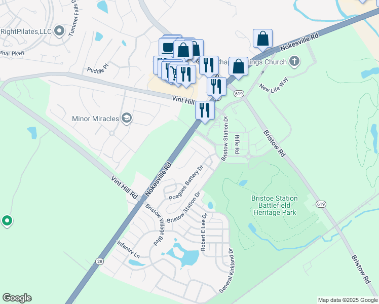map of restaurants, bars, coffee shops, grocery stores, and more near 10554 Andrew Humphreys Court in Bristow