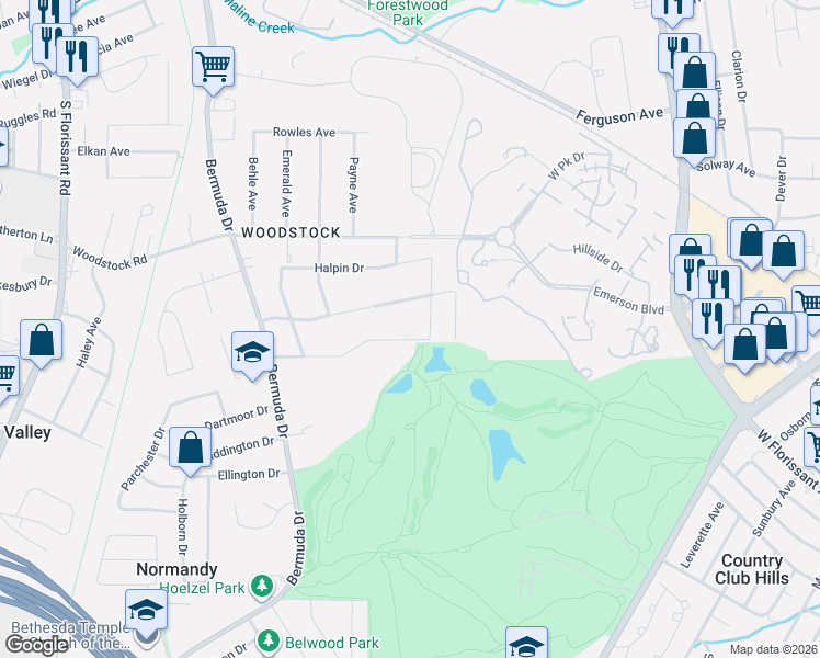 map of restaurants, bars, coffee shops, grocery stores, and more near 5831 Lagonda Avenue in Ferguson