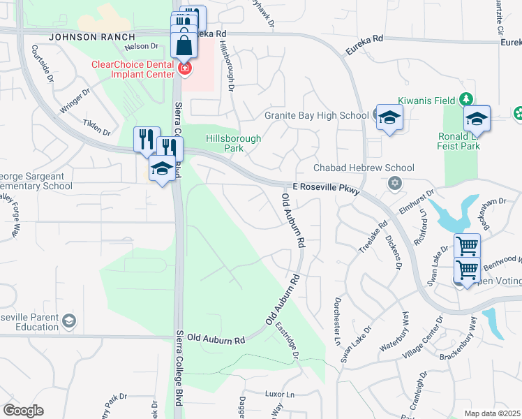 map of restaurants, bars, coffee shops, grocery stores, and more near 6041 Lockridge Drive in Roseville