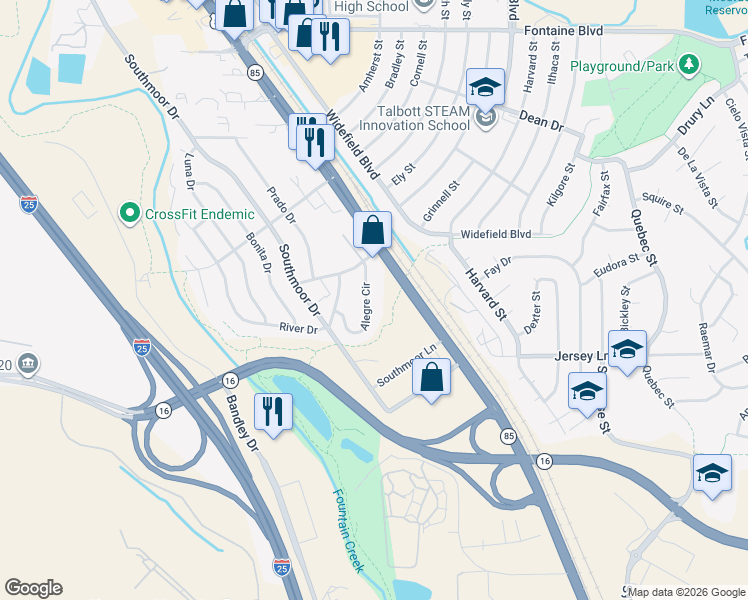 map of restaurants, bars, coffee shops, grocery stores, and more near 7135 Alegre Circle in Fountain
